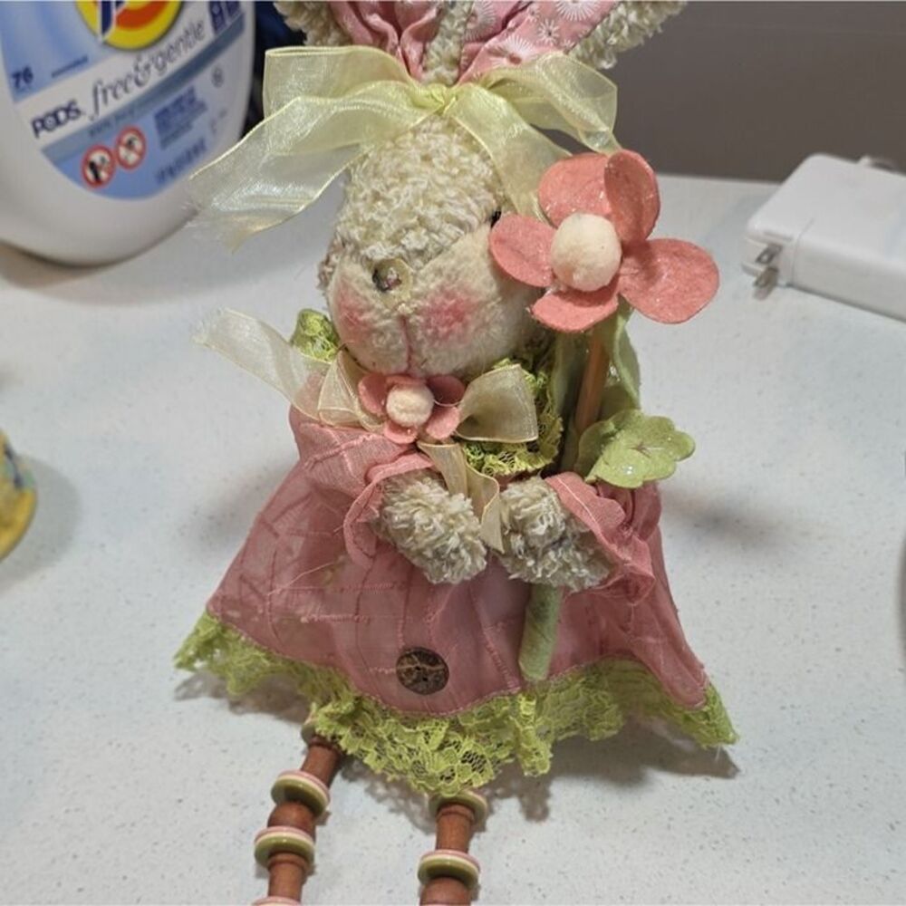 Handmade Bunny Doll Decoration, Fabric & Wood, Wooden Bead Legs, 1pc